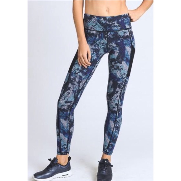 Blue Print Mesh  Athletic Leggings - Picture 3 of 5